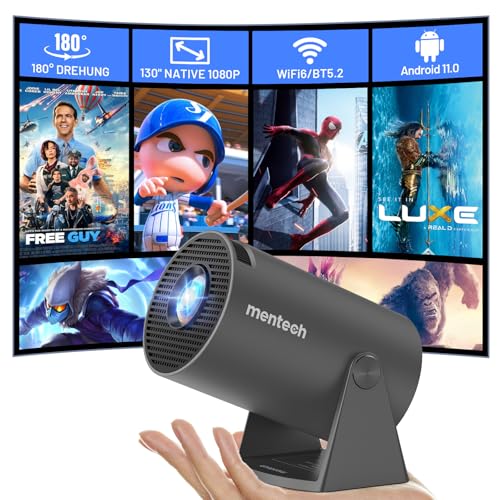 mentech Mini Beamer, 180° Drehbarer Tragbarer Projektor mit WiFi und Bluetooth, 130" Smart-Projektor mit Android TV 11.0, 1080P, 2.4G/5G WiFi 6, Automatische Trapezkorrektur für Heimkino, Eisengrau von Mentech