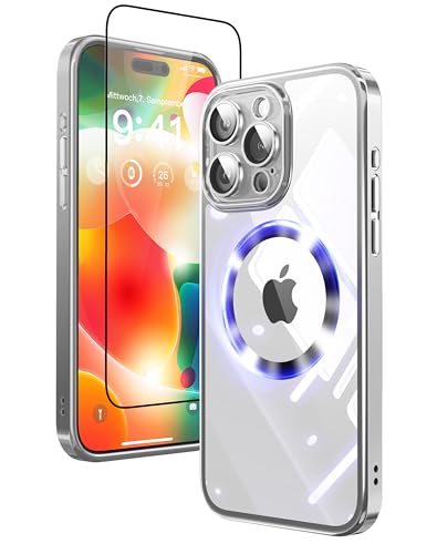 Mephoro Crystal ICE Schutzhülle für iPhone 15 Pro, kristallklar, vergilbt nicht, kompatibel mit Magsafe, mit 7X Displayschutzfolie + Kameraobjektivschutz, Silber von Mephoro