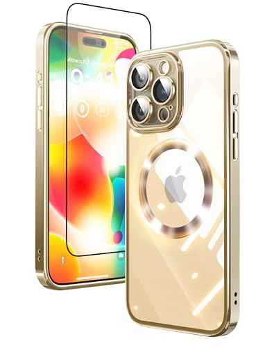 Mephoro Crystal ICE für iPhone 15 Pro Max Hülle Crystal Clear, Vergilbungsfrei, Kompatibel mit Magsafe, mit 2X Displayschutzfolie + Kameraobjektivschutz, Gold von Mephoro