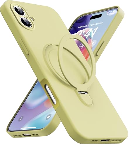 Mephoro Magnetischer Ständer für iPhone 16 Plus, Flüssigsilikon, kompatibel mit MagSafe, integrierter Ständer und Ringhalterung, kratzfestes, weiches Mikrofaserfutter, Gelb von Mephoro