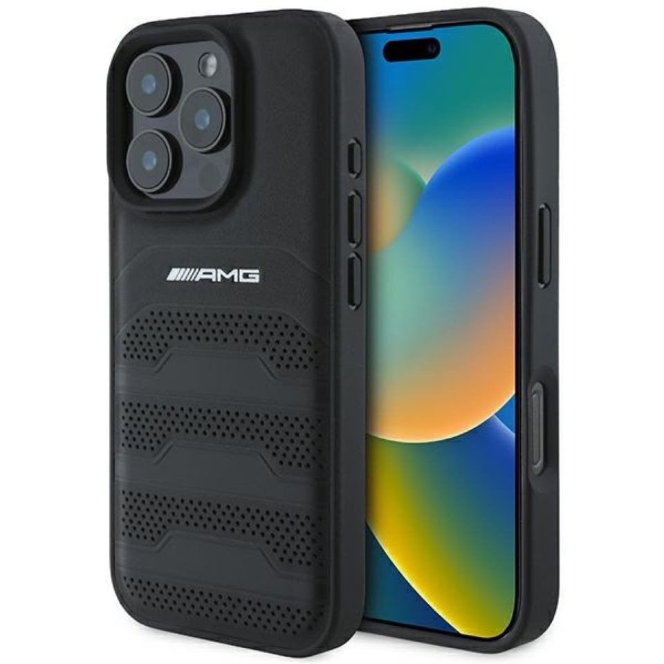 Mercedes Benz AMG Handyhülle iPhone 16 Pro AMG Echtleder gelocht schwarz Logo 6,3 Zoll, Kantenschutz von Mercedes Benz AMG