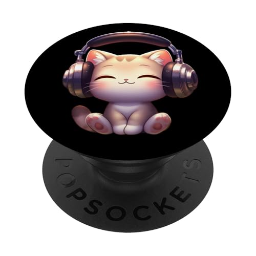 Kawaii Cat Grooving with Headphones PopSockets Klebender PopGrip von Merch Kawaii By LAP