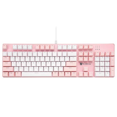 Merdia Mechanische Tastatur, Gaming-Tastatur mit braunem Schalter, kabelgebunden, weiße Hintergrundbeleuchtung, volle Größe, 104 Tasten, US-Layout (Pink & Weiß) von Merdia