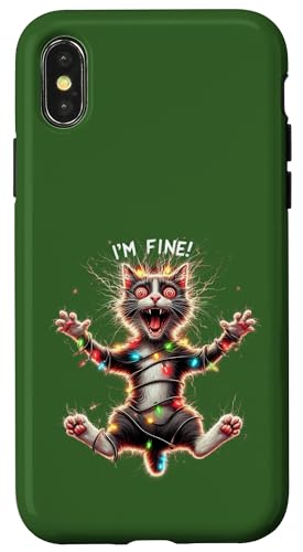 Hülle für iPhone X/XS I'm Fine, Merry Christmas, Katze mit Weihnachtsbeleuchtung - lustig von Merry Christmas Holiday Humor