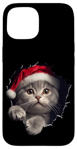 Hülle für iPhone 15 Lustiges Katze Weihnachten Funny Cat Katzen Weihnachtsmütze von Merry Christmas Weihnachtsfeier Weihnachten Outfit