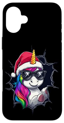 Hülle für iPhone 16 Plus Lustiges Einhorn mit Weihnachtsmütze Sonnenbrille Unicorn von Merry Christmas Weihnachtsfeier Weihnachten Outfit