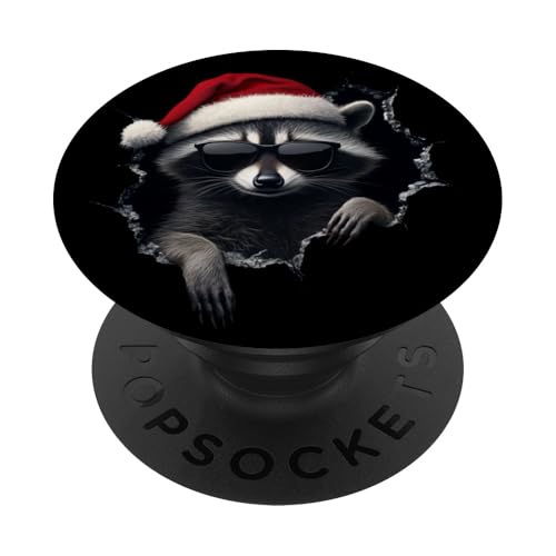 Lustiger Waschbär mit Weihnachtsmütze Sonnenbrille Raccoon PopSockets Klebender PopGrip von Merry Christmas Weihnachtsfeier Weihnachten Outfit