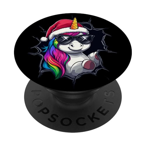 Lustiges Einhorn mit Weihnachtsmütze Sonnenbrille Unicorn PopSockets Klebender PopGrip von Merry Christmas Weihnachtsfeier Weihnachten Outfit