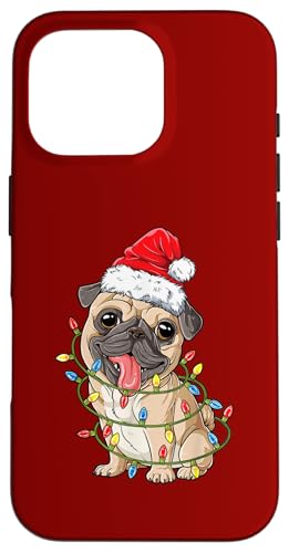 Hülle für iPhone 16 Pro Süßer Mops-Hund mit Lichterkette und Weihnachtsmütze von Frohe Woofmas – Xmas Geschenke für Hundebesitzer