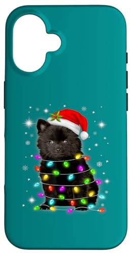 Hülle für iPhone 16 Schwarzer Pommernhund mit Lichterkette und Weihnachtsmütze von Merry Woofmas - Dog Owner Christmas Accessories