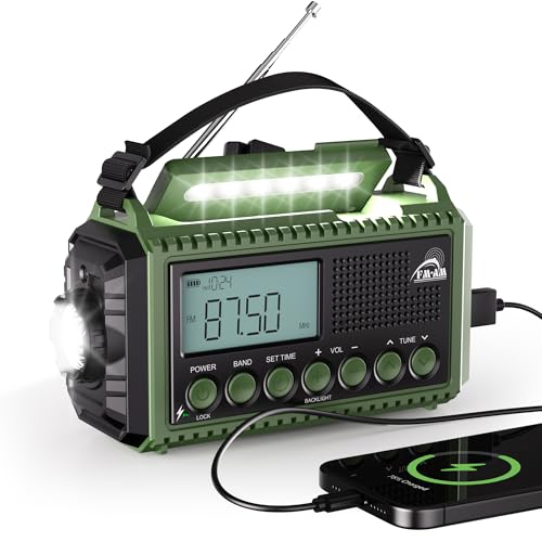 AM/FM/SW Kurbelradio mit 12000mAh Akku Wiederaufladbare, Tragbare Camping Radio mit Taschenlampe & Leselicht, Notfallradio Typ C Anschluss, SOS-Alarm Dynamo Radio für Wandern, Outdoor von Mesqool