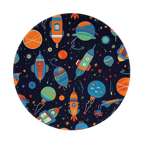 Mexpekil Universe Planet Rocket Mauspad mit rutschfester Gummiunterseite, Gaming-Mauspad, kleines rundes Mauspad mit genähtem Rand, Schreibtischzubehör für Arbeiten, Gaming, 20,3 cm von Mexpekil