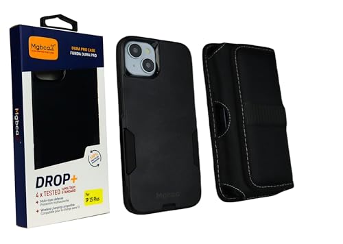 Dura Pro, schlanke, robuste Schutzhülle für iPhone 15 Plus, 3-fache Fallhöhe in Militärqualität + mgbca Nylon-Handy-Holstertasche mit Gürtelschlaufe, Clip-Halter (2-in-1), schwarze Hülle + von Mgbca