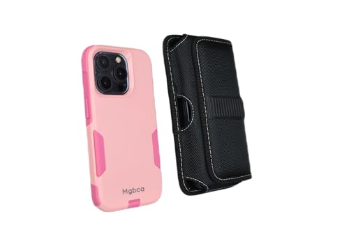 Dura Pro, schlanke, robuste Schutzhülle für iPhone 15 Pro, 3-fache Fallhöhe in Militärqualität + mgbca Nylon-Handy-Holstertasche mit Gürtelschlaufe-Clip-Halter (2-in-1) (rosa Hülle + Nylontasche) von Mgbca