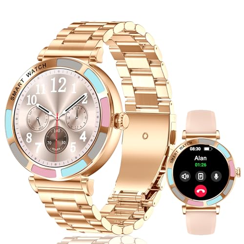 MiGuoLeyu Smartwatch Damen mit Telefonfunktion,1.27" Touchscreen mit Schrittzähler Uhr Damen,Pulsmesser Schlafmonitor SpO2,Smart Watch für iOS und Android/Rosegold von MiGuoLeyu