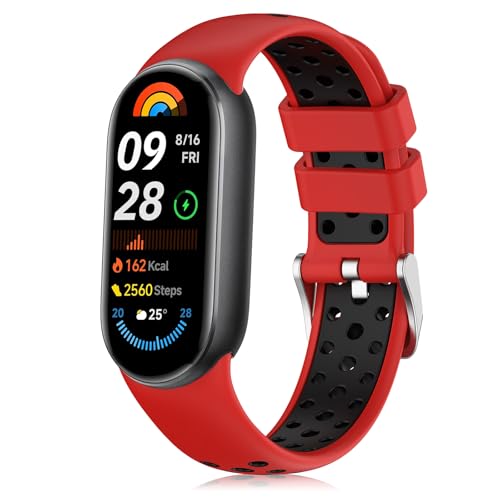 MiKoyi Armband Silikon Kompatibel mit Xiaomi Smart Band 9/Xiaomi Smart Band 8, Wasserdicht Weich Uhrenarmband für Xiaomi Mi Band 9/Xiaomi Mi Band 8, Rot Schwarz von MiKoyi