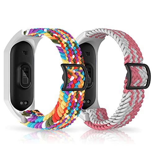 MiRowy Armband Kompatibel mit Xiaomi Smart Band 7, Elastisches Soft Nylon Sport Ersatzband für Xiaomi Mi Band 7/6/5, Rosa & Weiß von MiRowy