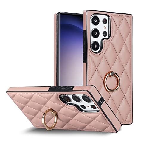 MiRowy Hülle für Samsung Galaxy S23 Ultra 5G 2023, Case mit 360 Grad Ring Halter Schutzhülle, TPU + Leder Hautfreundlich Stoßfest Kratzfestigkeit Handyhülle Cover für Galaxy S23 Ultra 5G - Rosa von MiRowy