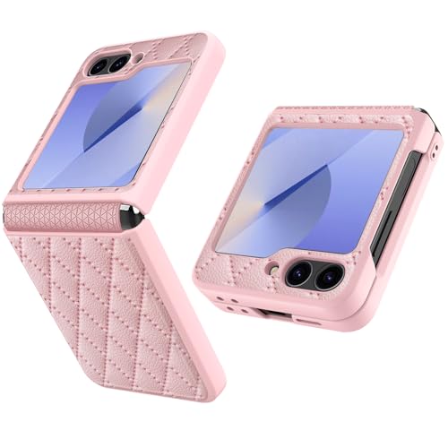 MiRowy Hülle für Samsung Galaxy Z Flip6 5G, Folable Handyhülle mit Panzerglasfolie Kamera Displayschutzhülle, [Scharnierschutz] 360 Grad PC + Leder Schutzhülle für Samsung Galaxy Z Flip 6 - Rosa von MiRowy