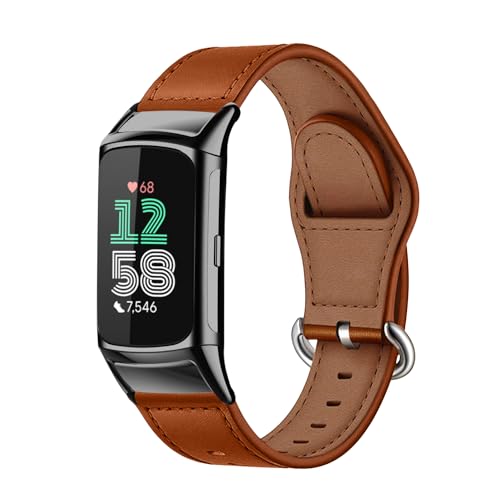 MiRowy Leder Armband Kompatibel mit Fitbit Charge 6/Fitbit Charge 5, Uhrenarmband für Damen Herren, Premium Lederband Ersatzbänder für Fitbit Charge 6/Fitbit Charge 5 - Braun von MiRowy