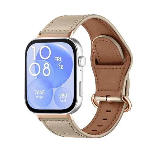 MiRowy Leder Armband für Huawei Watch Fit 3 Uhrenarmband, Metallschnalle Atmungsaktiv Ersatzarmband, Lederband Ersatzbänder für Huawei Watch Fit3 - Cremefarben von MiRowy