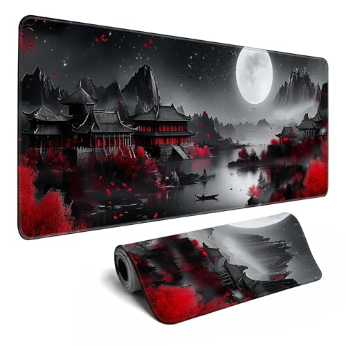 Japanische Schreibtischunterlage, Riverside Vollmond-Mauspad, Gaming-Mauspad, erweiterte XL-Tastaturmatte, Computer-Laptop-Maus, Desktop-Matte, 80 x 30 cm, Schreibtisch-Dekoration von MiaVibte