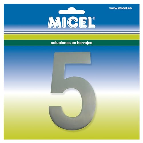 MICEL 10527 Selbstklebende Hausnummer 5, Edelstahl, silberfarben, inklusive Aufkleber, 59 x 100 x 2 mm von Micel