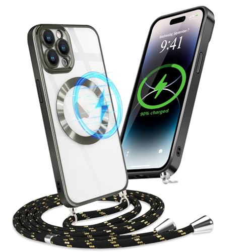 Micoden Handykette Hülle für iPhone 14 Pro mit Band Kompatibel mit MagSafe Kabellosem Laden Kameraschutz Vollständiger Transparent Silikon Case Kordel zum Umhängen Handyhülle Schutzhülle,Schwarz von Micoden