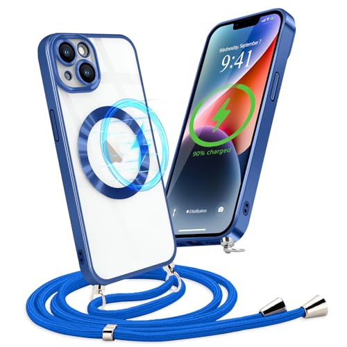 Micoden Handykette Hülle für iPhone 14 mit Band Kompatibel mit MagSafe Kabellosem Laden Kameraschutz Vollständiger Transparent Silikon Case Kordel zum Umhängen Handyhülle Schutzhülle,Blau von Micoden