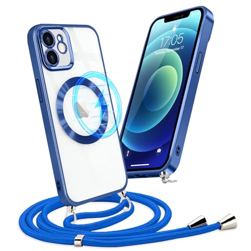 Micoden Handykette für iPhone 12 Necklace Hülle mit Band Handyhülle Kompatibel mit MagSafe Kabellosem Laden Kameraschutz Magnetisch Transparent Silikon Case Kordel zum Umhängen Schutzhülle,Blau von Micoden