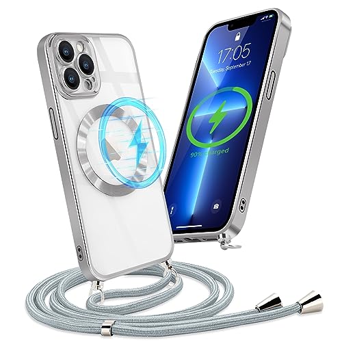 Micoden Handykette für iPhone 12 Pro Max Necklace Hülle mit Band Handyhülle Kompatibel mit MagSafe Kameraschutz Magnetisch Transparent Silikon Case Kordel zum Umhängen Stoßfeste Schutzhülle,Silber von Micoden