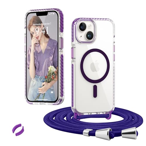 Micoden Magnetische Handyktte für iPhone 13/14 Hülle mit Band Transparent Necklace Handyhülle, Stoßfeste Schutzhülle, Kompatibel mit MagSafe, Abnehmbar Kordel zum Umhängen Silikon TPU Case, Lila von Micoden