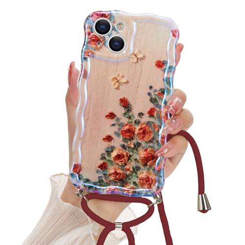 Micoden Handykette für iPhone 13 Nacklace Hülle mit Band Bunte Vintage Ölgemälde Blume Handyhülle Kameraschutz Lockiges Wellen Ultra Dünne Weiche Silikon Case Damen und Mädchen Schutzhülle,Tulpe von Micoden