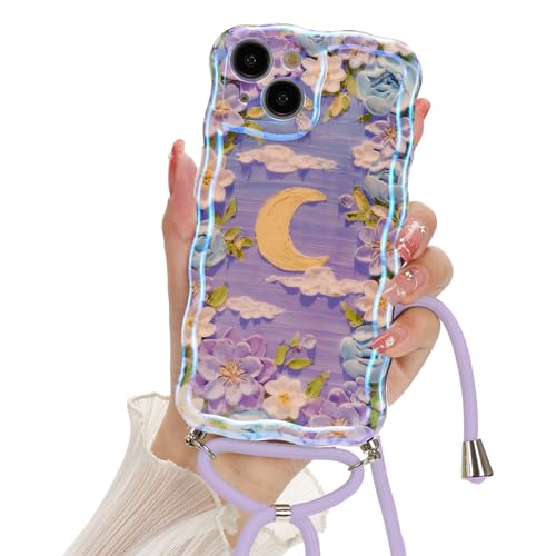 Micoden Schutzhülle für iPhone 13 Blumen Design Handyhülle Nacklace Hülle mit Band Kameraschutz Retro-Ölgemälde Lockiges Mädchen Wellen Dünne Kratzfeste Stoßfest Weich TPU Silikon Case,Mond von Micoden