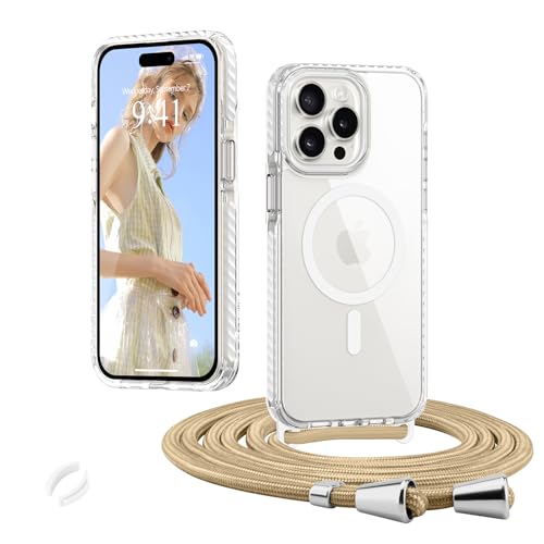 Micoden Magnetische Handyktte für iPhone 14 Pro Hülle mit Band Transparent Necklace Handyhülle, Stoßfeste Schutzhülle, Kompatibel mit MagSafe, Abnehmbar Kordel zum Umhängen Silikon TPU Case, Weiß von Micoden