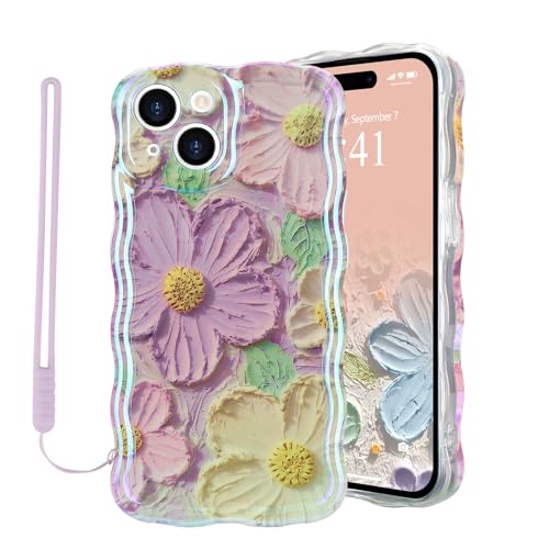 Micoden Handyhülle für iPhone 15, Bunte Vintage Ölgemälde Blume Muster Hülle mit Armbandkette Kameraschutz Mädchen Lockiges Weiche TPU Case Ultra dünne Stoßfeste Schutzhülle Bumper Cover,Lila von Micoden