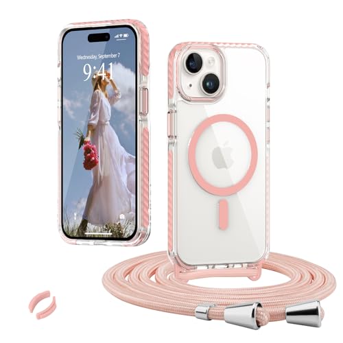 Micoden Magnetische Handyktte für iPhone 15 Hülle mit Band Transparent Necklace Handyhülle, Stoßfeste Schutzhülle, Kompatibel mit MagSafe, Abnehmbar Kordel zum Umhängen Silikon TPU Case, Rosa von Micoden