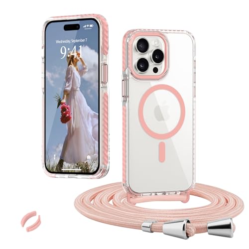 Micoden Magnetische Handykette für iPhone 15 Pro Max Hülle,Transparente Necklace Handyhülle mit Band Abnehmbar Einstellbar, Kompatibel mit MagSafe, Silikon Case Kordel zum Umhängen Schutzhülle,Rosa von Micoden