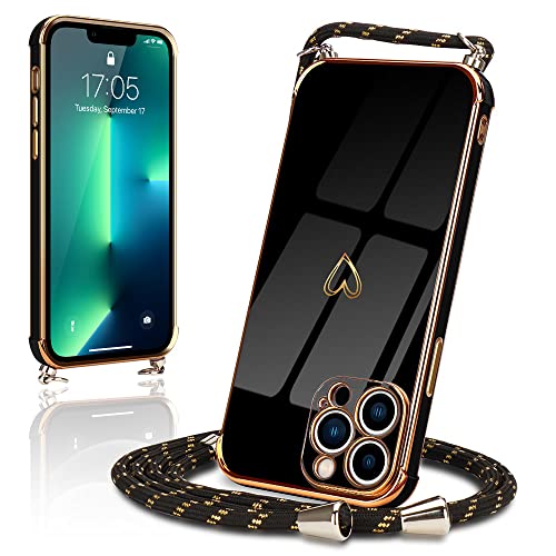 Micoden Handykette kompatibel mit iPhone 13 Pro Max Hülle Ultra dünn Kameraschutz Herz Love Design Galvanik TPU Silikon Bumper Kordel zum Umhängen Handyhülle mit Band Schutzhülle,schwarz von Micoden