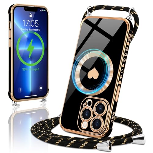 Micoden Magnetische Handykette für iPhone 12 Pro Max Necklace Hülle mit Band kompatibel mit Magsafe Kameraschutz Herz Silikon Case Kordel zum Umhängen Handyhülle Stoßfeste Schutzhülle,Schwarz von Micoden