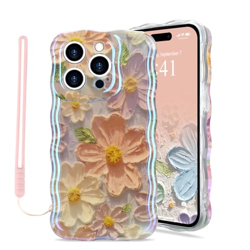 Micoden Handyhülle für iPhone 13 Pro Max, Bunte Vintage Ölgemälde Blume Muster Hülle mit Armbandkette Kameraschutz Mädchen Lockiges Weiche TPU Case Ultra dünne Stoßfeste Schutzhülle Bumper Cover,Weiß von Micoden