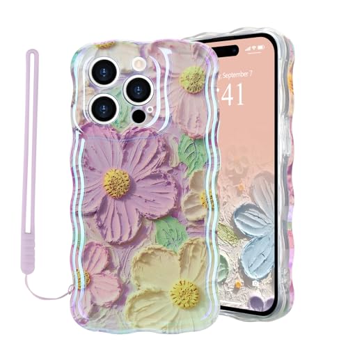 Micoden Handyhülle für iPhone 15 Pro Max, Bunte Vintage Ölgemälde Blume Muster Hülle mit Armbandkette Kameraschutz Mädchen Lockiges Weiche TPU Case Ultra dünne Stoßfeste Schutzhülle Bumper Cover,Lila von Micoden