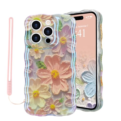 Micoden Handyhülle für iPhone 15 Pro Max, Bunte Vintage Ölgemälde Blume Muster Hülle mit Armbandkette Kameraschutz Mädchen Lockiges Weiche TPU Case Ultra dünne Stoßfeste Schutzhülle Bumper Cover,Weiß von Micoden