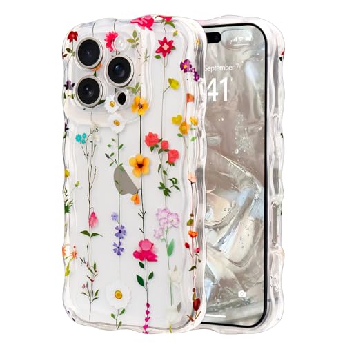 Micoden Transparente Handyhülle für iPhone 16 Pro Max Buntes Blumenmuster Hülle Kameraschutz Lockige Wellen Rahmenform Florale Silikon Case Mädchen Dünne Kratzfestes Stoßfest Schutzhülle,Mehrfarbig von Micoden