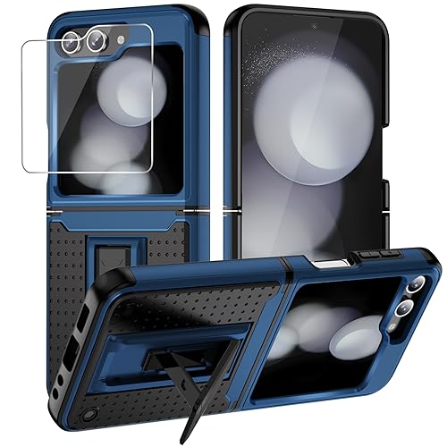 Micoden für Samsung Galaxy Z Flip 5 5G Hülle, Militärqualität 360 Grad Ganzkörper Robuste Handyhülle mit integriertem Ständer Silikon PC Stoßfänger Case Stoßfeste Schutzhülle für Z Flip5 5G,Blau von Micoden