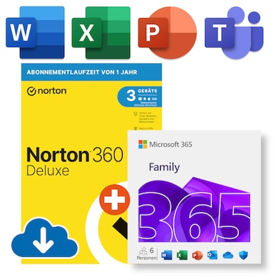 Microsoft 365 Family (15 Monate Office-Apps inkl. Copilot-KI und 6TB Cloudspeicher) + Norton 360 Deluxe | Download & Produktschlüssel von Microsoft