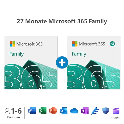 Microsoft 365 Family | 27 Monate, bis zu 6 Nutzer | Word, Excel, PowerPoint | 1TB OneDrive Cloudspeicher | PCs/Macs & mobile Geräte | Aktivierungscode per E-Mail von Microsoft