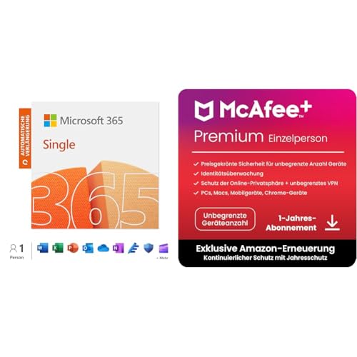 Microsoft 365 Single | 15 Monate mit automatischer Verlängerung für €69 | 1 Benutzer + McAfee Premium | unbegrenzte Anzahl von Geräten | 1-Jahres-Abonnement mit automatischer Verlängerung für €125,95 von Microsoft