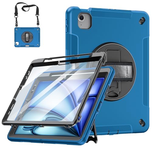 Miesherk Hülle für iPad Air 11 Zoll M2 2024 6. Generation: 3-Schichte robust stoßfest Case iPad Air 5/4 2022/2020-Displayschutzfolie-Stifthalter-Drehbarer Ständer-Handschlaufe-Schultergurt-Blau von Miesherk