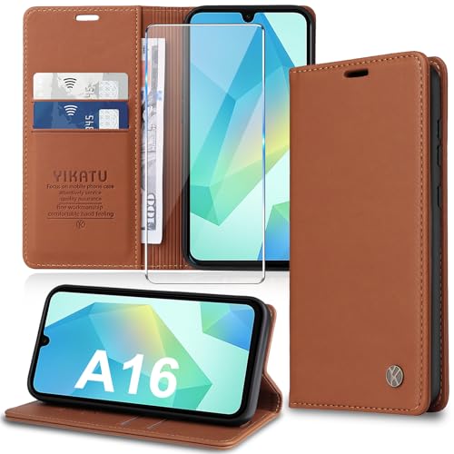 Handyhülle für Samsung Galaxy A16 5G Hülle mit Schutzfolie [Premium PU Leder] Klapphülle Ständer Kartenfach Magnetic Flip Case Cover Etui Tasche Schutzhülle für Samsung A16 5G (Braun) von Migexxkj